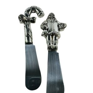 Christmas Santa Claus and Candy Cane Silver Tone Cheese Spreader Set 2pc 5in